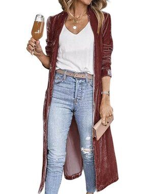Rose Open Front Velour Duster Cardigan Jacket, Midi Length, Sz. L